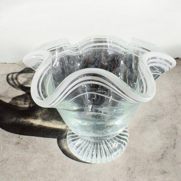 Vintage Glass Dish Bowl Clear White Ruffles Scroll Footed Base Candy Dish VTG - Picture 1 of 12